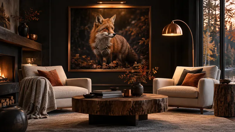 A welcoming cream lounge with copper lighting and a framed fox photograph
