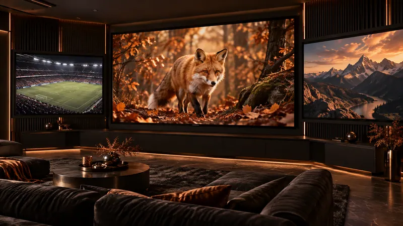Cinema screens showing wildlife, sport and a mountain landscape