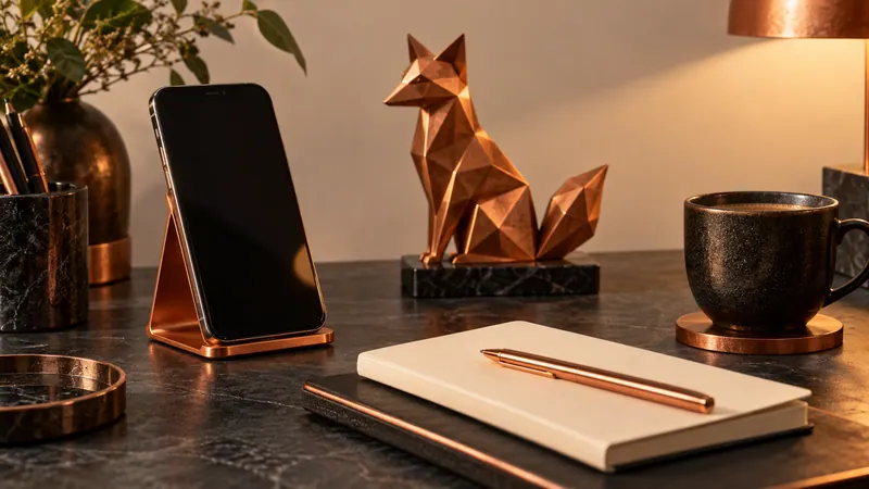 A phone, blank notebook and copper fox sculpture on a desk