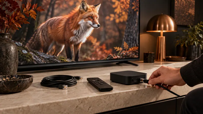 A streaming device, remote and network cable beside a television