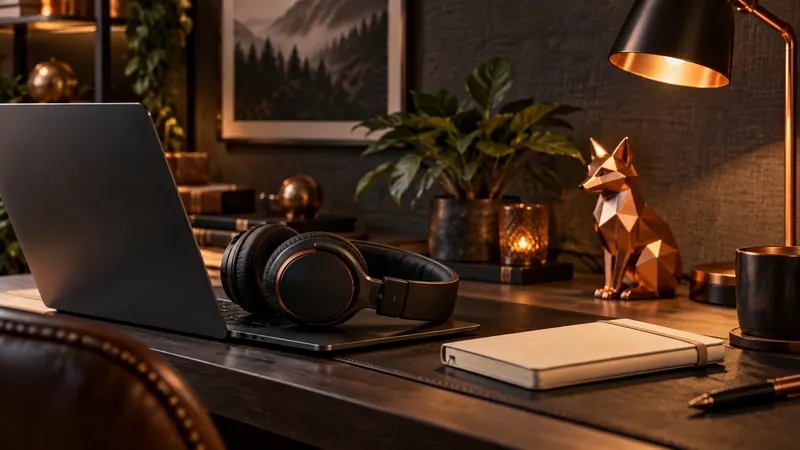Headphones and a notebook on a softly lit support desk